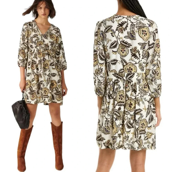 NWT BA&SH Printed Floral Leaf Volvet 3/4 Sleeve Mini Dress Beige Size XS - Picture 1 of 12